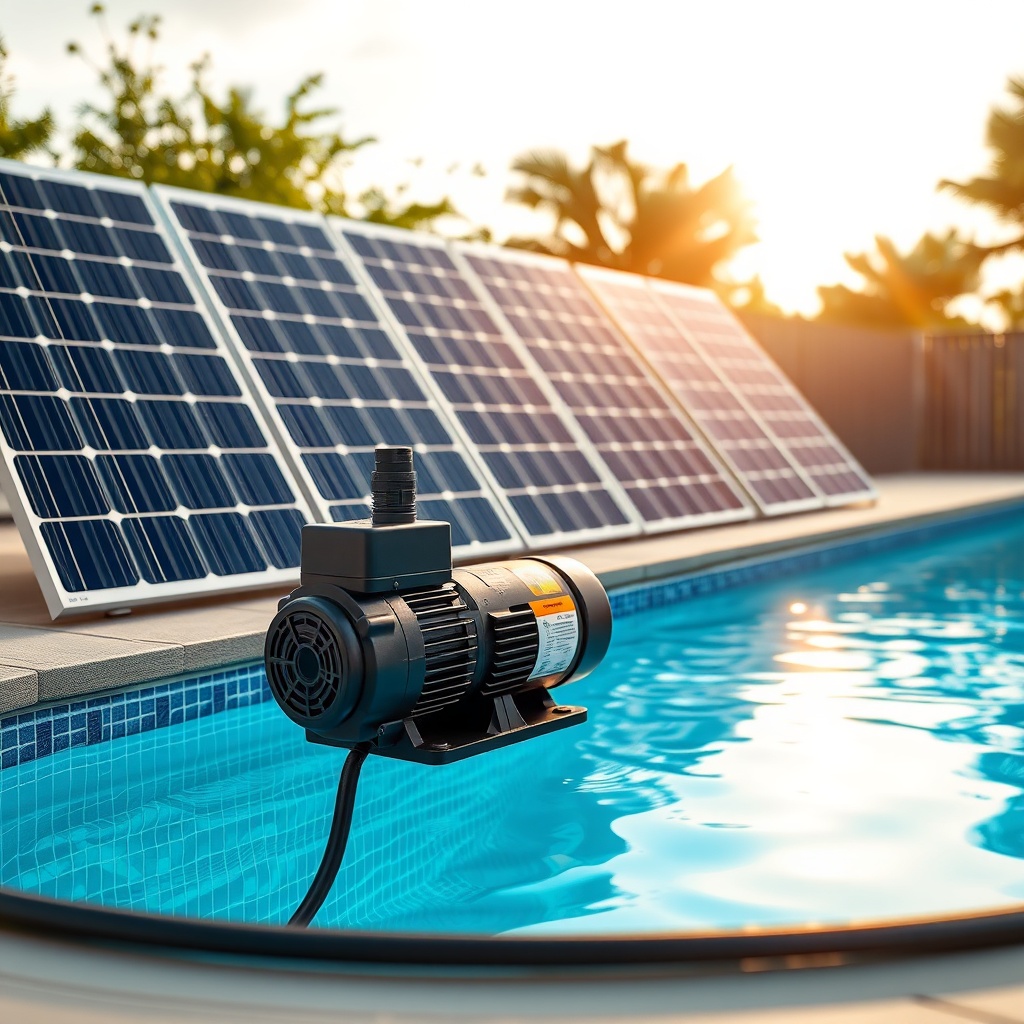 A clean photorealistic photo of a variable-speed pool pump connected to SunStar solar pane