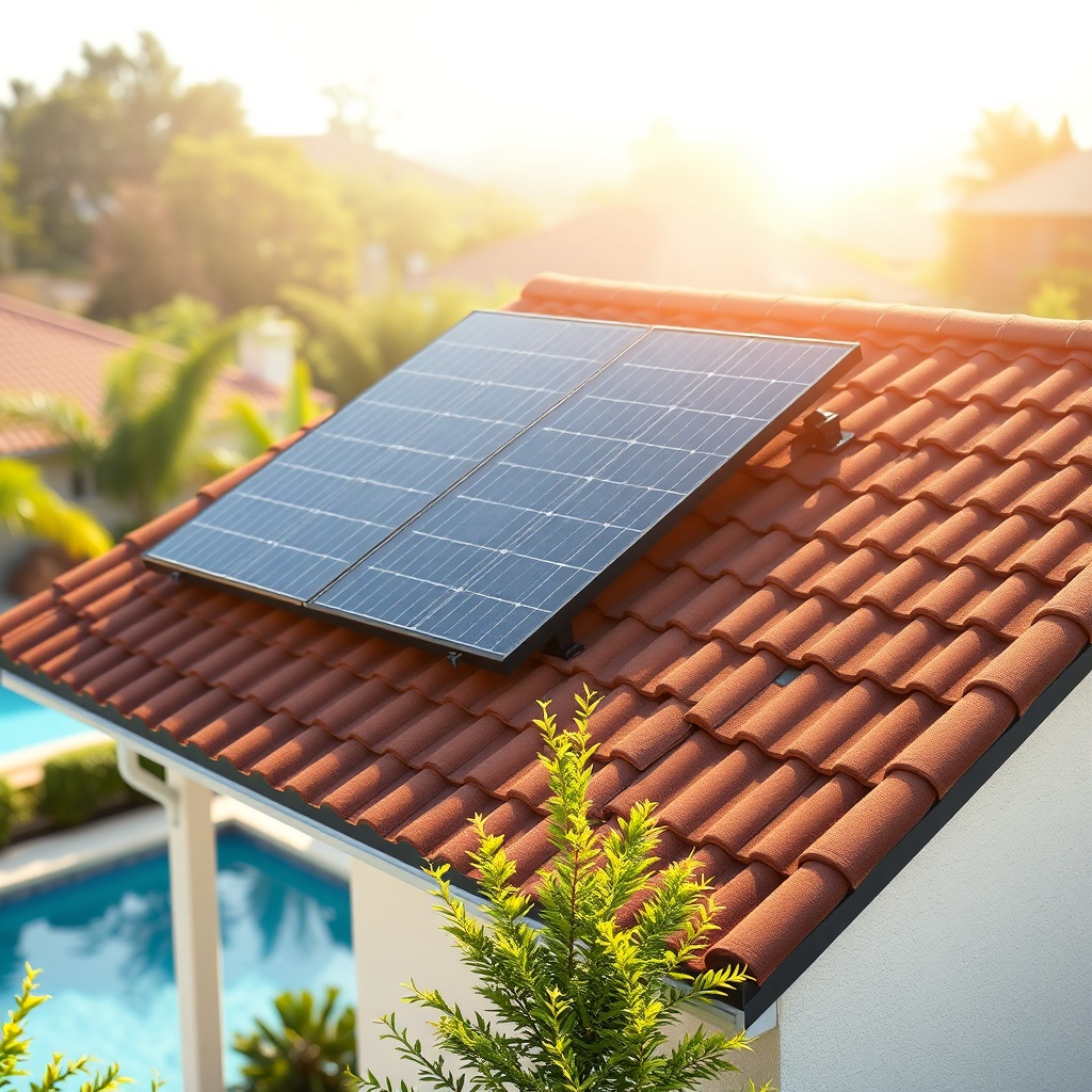 <clean photorealistic photo/illustration showing a roof-mounted SunStar solar panel array