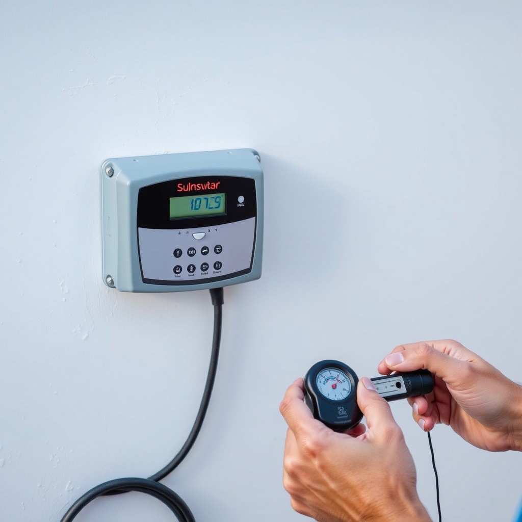 <clean photorealistic photo of a SunStar solar pool heater controller mounted on a wall ne