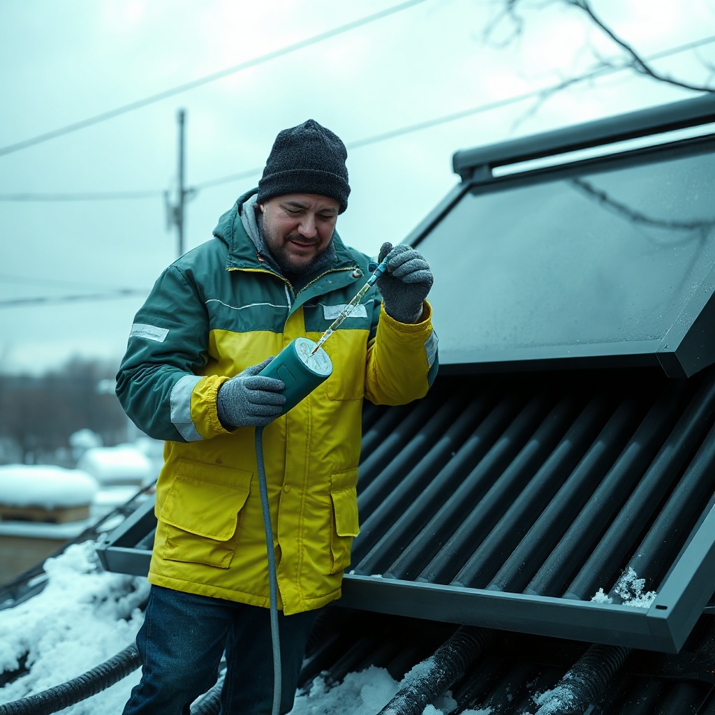 A clean photorealistic photo showing a technician measuring the antifreeze mixture with a