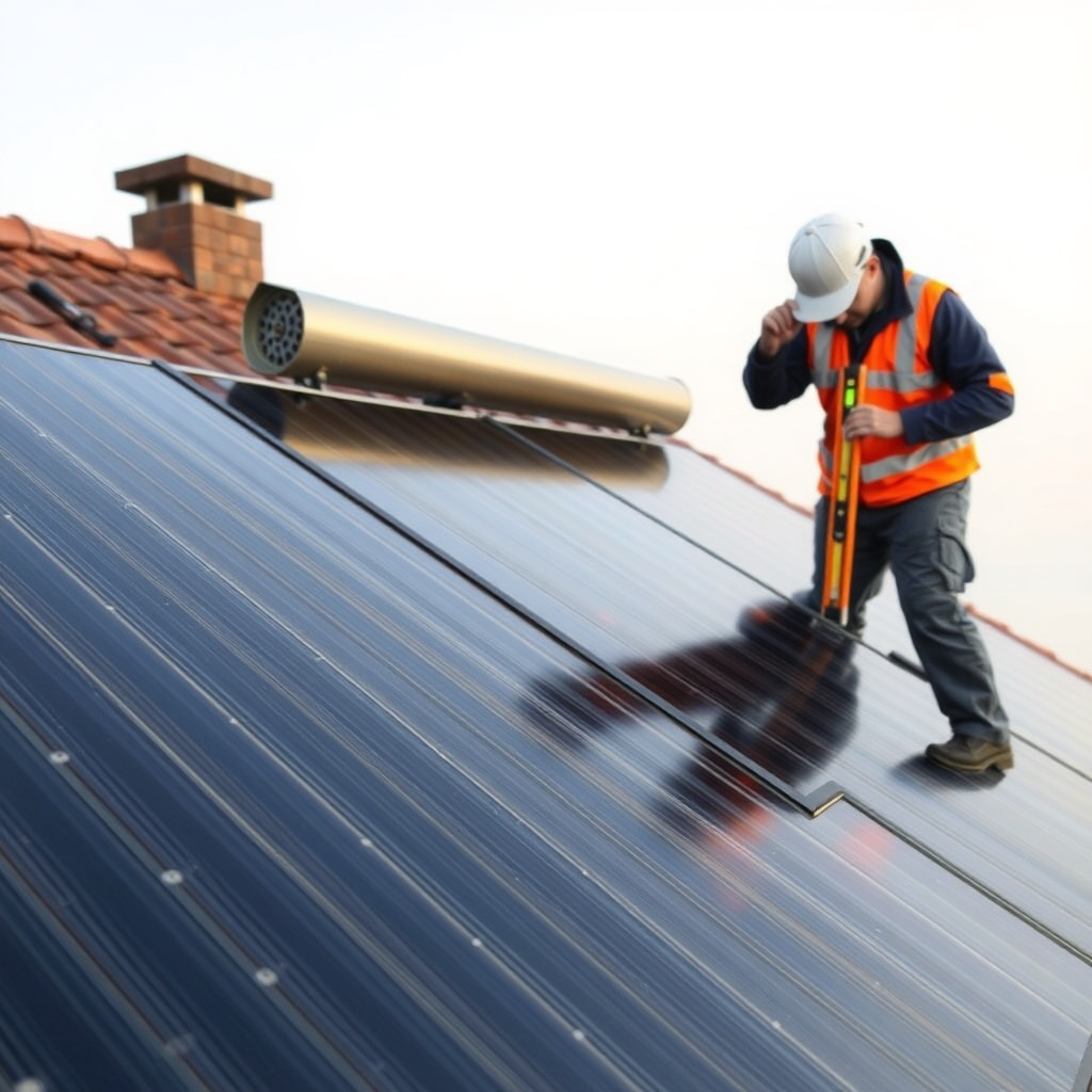 A clean photorealistic photo of a SunStar solar collector array on a sloped roof with visi