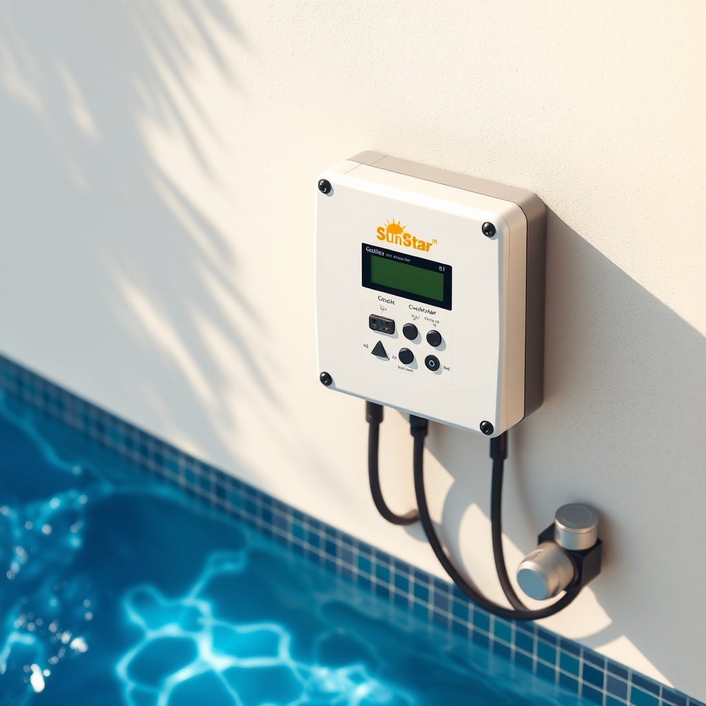 A photorealistic overhead shot of a SunStar solar pool heater controller mounted on a wall