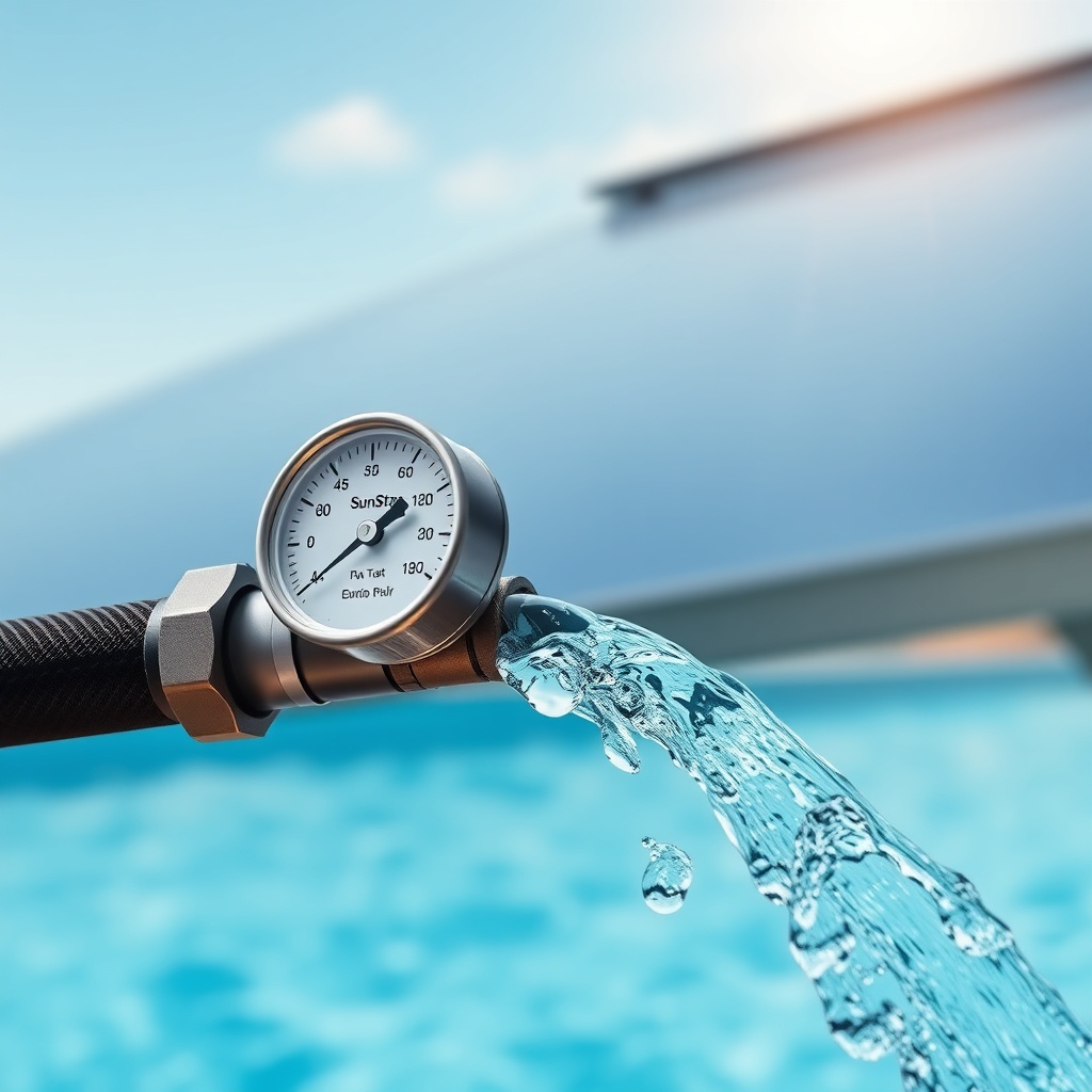 A photorealistic close-up of water flowing through a SunStar solar collector panel