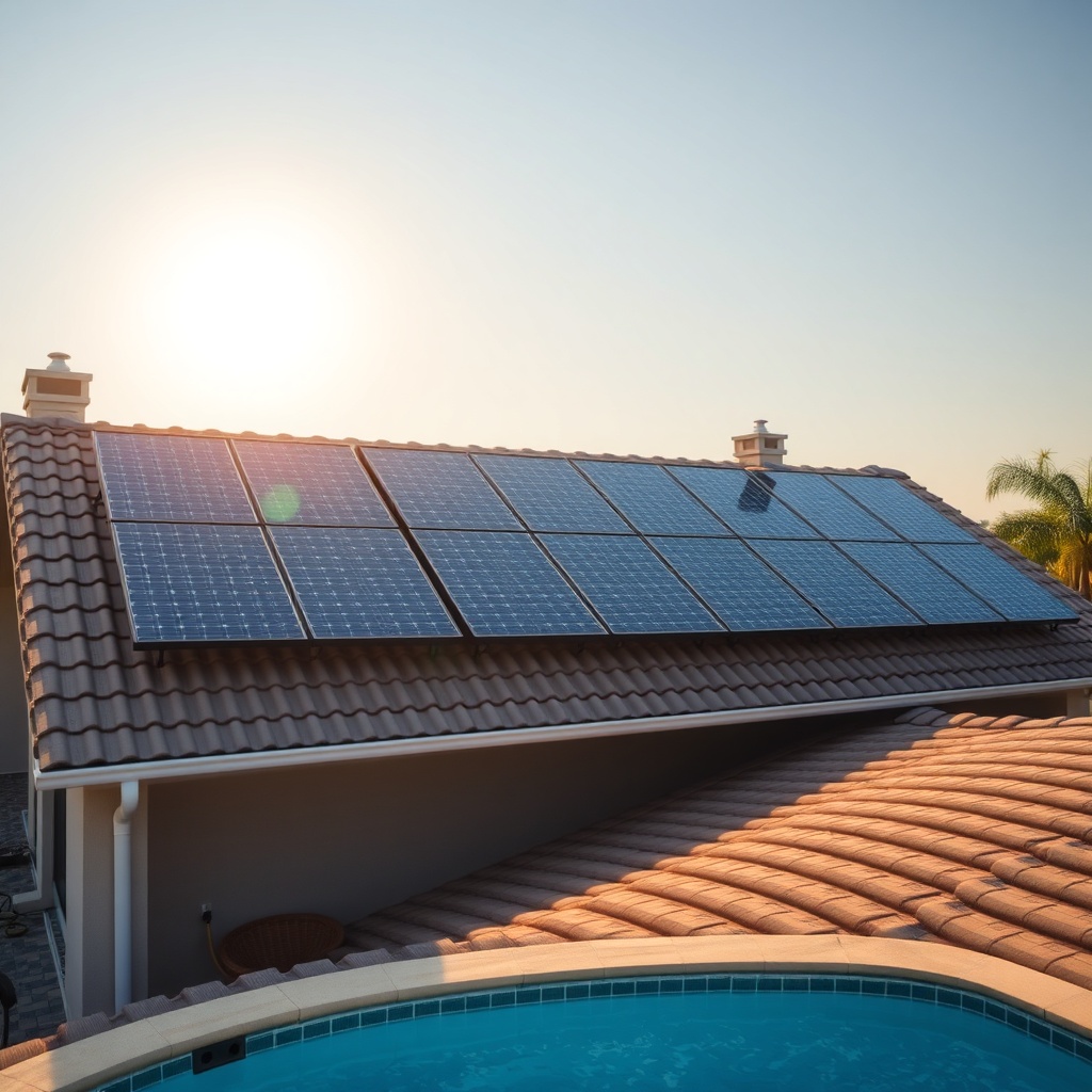 A photorealistic wide-angle shot of a residential roof with multiple SunStar solar panels